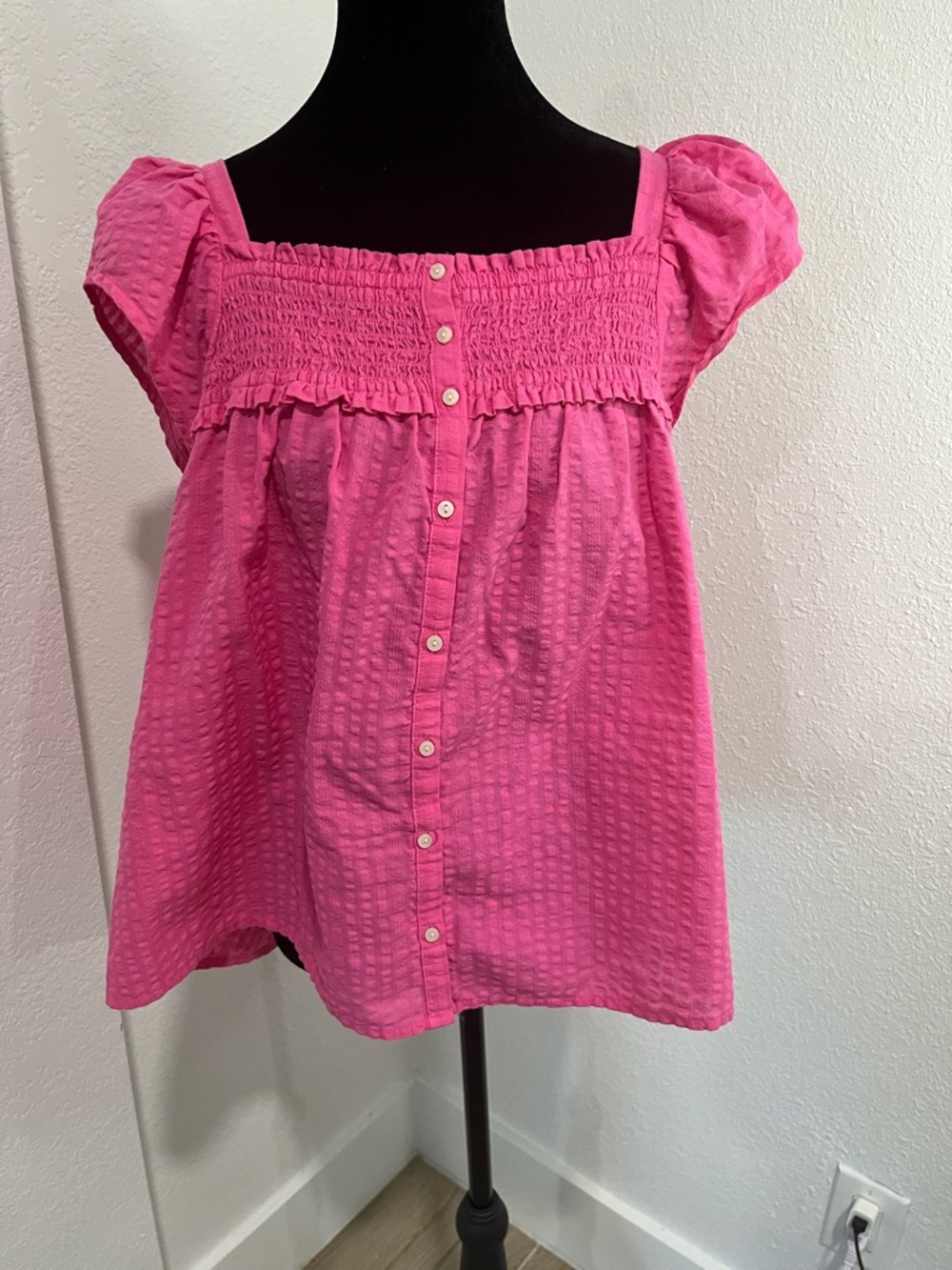 Old Navy Hot Pink Smocked Square-Neck Button Front Top